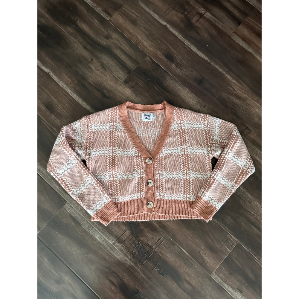 Princess Polly Cropped Cardigan Sweater Peach White Plaid Knit V-Neck XS/S